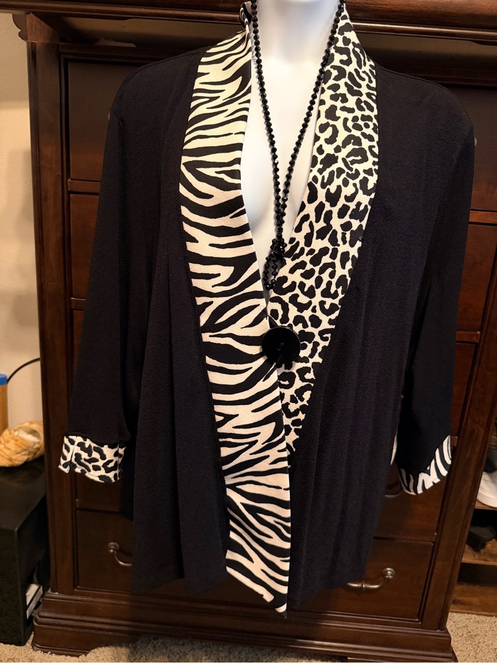 Black Zebra & Leopard Trim Open-Front Women's Jacket